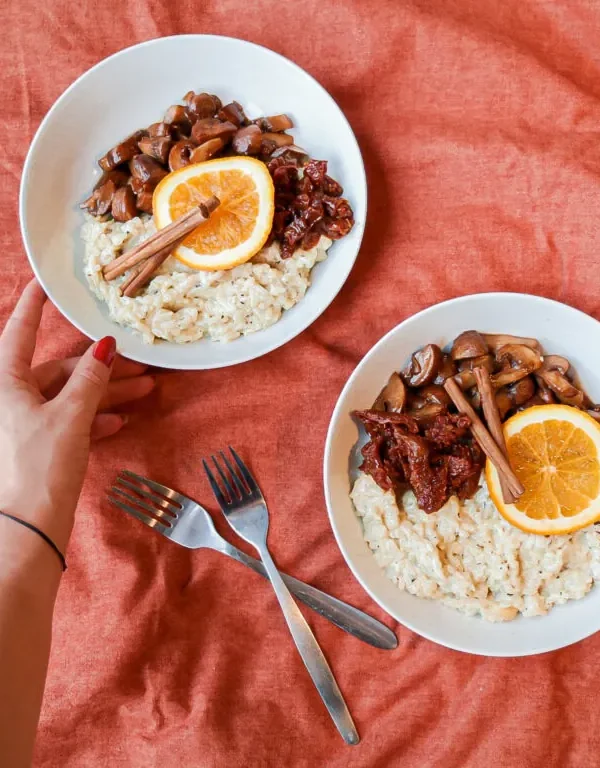 Vegan risotto met gekarameliseerde champignons